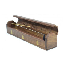 Porta incenso con contenitore/scatola in legno, design Buddha. Marrone.