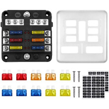 Scatola portafusibili a 6 vie da 12 V, portafusibili ATO 32 V 100 A con 10 fusibili, 6 indicatori LED, coperchio protettivo + 2 adesivi