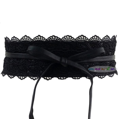 Women's Wide Lace Corset Belt with Tie - Black