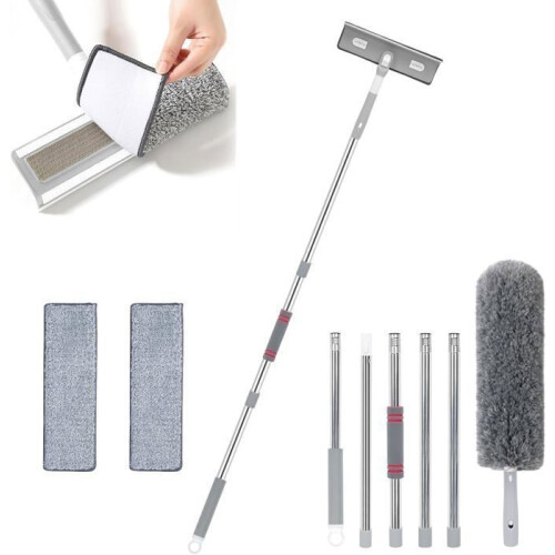 207cm Window Squeegee with Telescopic Handle, 4-in-1 Floor Squeegee with 2 Cleaning Cloths for High Interior Windows