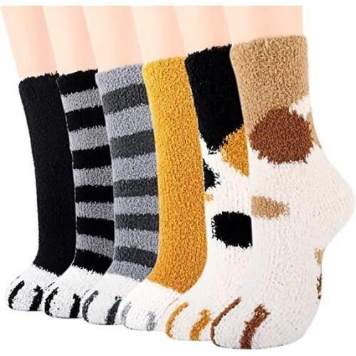 Women's Warm Socks with Cute Cat Pattern - Winter Gift - 6 Pairs