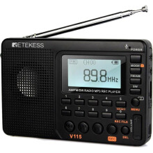 Retekess V115 Portable Radio, Small Rechargeable Radio, FM AM SW, Battery and Mains Powered, TF Card, Recorder, MP3, Sleep Timer