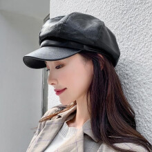 Women's Leather Newsboy Beret/Cap - Black - Size 56-58cm - Autumn/Winter Season