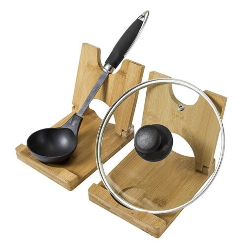 Bamboo Spoon Rest Lid Holder Kitchen Utensil
