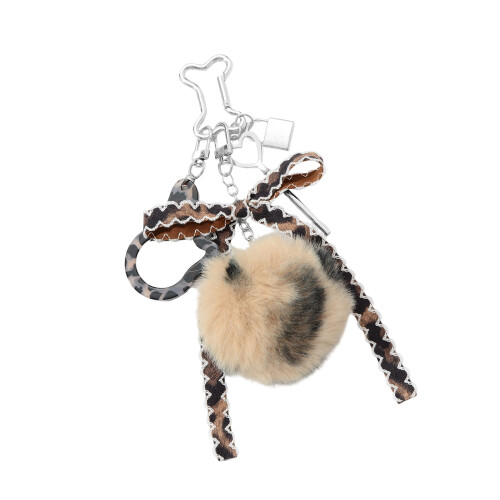 Porte-clés à pompons en fourrure, Adorable, avec accessoire-Café