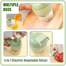 Tagliaverdure elettrico portatile, design 4 in 1 con impugnatura ergonomica e foro di riempimento per la preparazione di verdure e frutta.