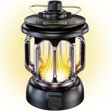 LED Camping Lamp, USB Rechargeable, Vintage, Dimmable, Warm and White Light, 5200mAh Power Bank, Black [Energy Class A+++]