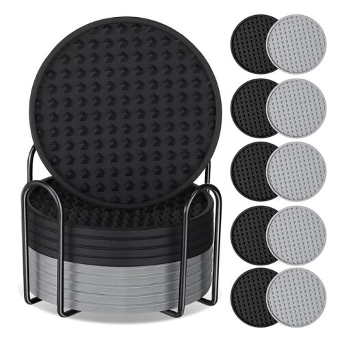 Lotda 10 Silicone Drink Coasters with Non-Slip Backing, Washable, Durable Cup Coasters