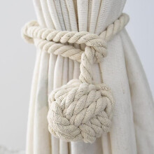 Pair of Hand Woven Cotton Curtain Rope Ties with Single Ball in Beige (2pcs)