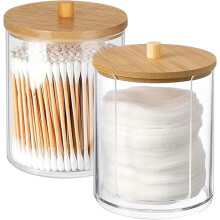 Scatola porta cotton fioc a doppio scomparto, in materiale PS con coperchio in legno di gomma, set da 2 pezzi per il piano del bagno.