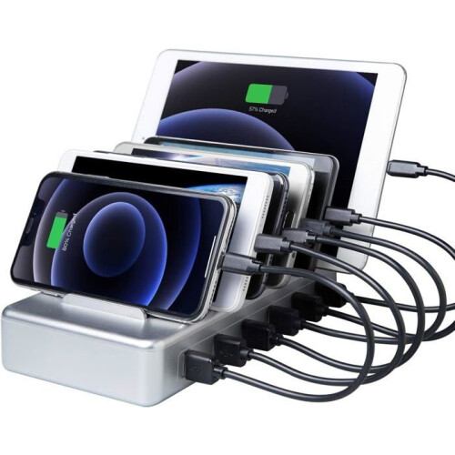 6-Port USB Multi-Charging Station Charging Stand, with 6 Short Cables, Silver
