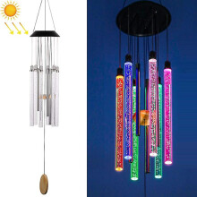 Carillon a vento solare da giardino con luci LED, bastoncini in acrilico e cartello in legno 12x85cm