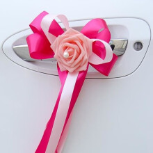 Set of 6 two-tone satin ribbon bows with a flower decorated with a pearl - tulle decoration for wedding car, pink