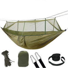 Amaca da campeggio verde per 2 persone con rete integrata, doppia cerniera e nylon paracadute.