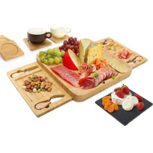 Cheese board set, cheese board with knife and fork set and sliding drawer, 1 slate and 4 coasters