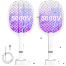 Kit com 2 Mata-Moscas Elétrico Extra Forte 5000V, 2 em 1, Recarregável, com Armadilha de Luz UV e Carregamento USB Tipo C para Casa e Exteri