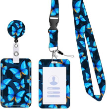 Badge Holder, Retractable Name Tag, Vertical Card Holder with Neck Strap, Card Holder, for Keys, School (blue butterfly)