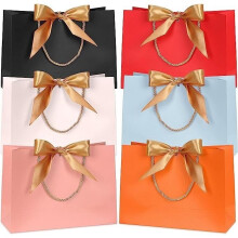 6pcs colorful paper gift bags 32 x 25 x 11cm with gold bow ribbons, wedding party birthday gift bags