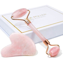 Jade Roller, Facial Jade Massager, Gua Sha Face Massage Scraper, 100% Natural Rose Quartz Jade Roller (Pink)