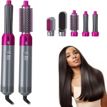 5-in-1 Rotating Hair Dryer, Curling Comb, Straightener, and Curling Brush with 5 Interchangeable Barrels and 3 Adjustable Modes, A267