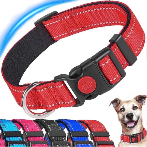 Reflective Adjustable Dog Collar with Soft Neoprene Padding, Nylon Webbing for Small Medium Large Dogs, Red