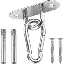 Gancio da soffitto in acciaio inox 304 con portata di 450 kg e moschettone a molla, ideale per palestre e strutture in cemento.