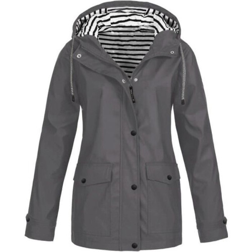 Women's Solid Outdoor Rain Jacket, Plus Size Waterproof with Hood, Windproof, Grey, Comforca