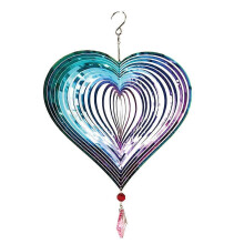 Stainless Steel 3D Heart Wind Spinner for Garden with Rainbow Crystal Pendant, Outdoor Hanging Decor