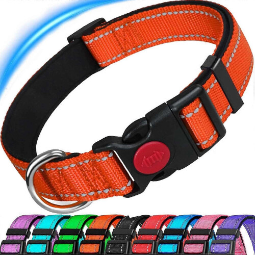 Reflective Adjustable Dog Collar with Soft Neoprene Padding, Nylon, Quick Release Buckle, Orange, Size M