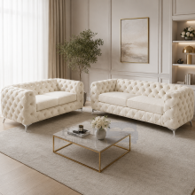 (5 Seater Corner, Mink) Luxury Italian Chesterfield Sofa Set Plush Velvet 3 & 2 Seater, 5 Seater Corner Sofa Deep Button Tufted Couch