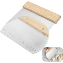 Dough Scrapers Stainless Steel 2-Pack with Measuring Scales and Wooden Handle for Baking and Cooking