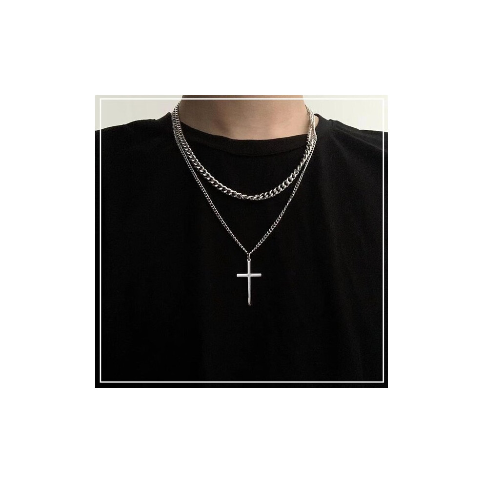 Men's Cross Necklace 316L Stainless Steel Double Layer Adjustable Silver Chain 6966168069621