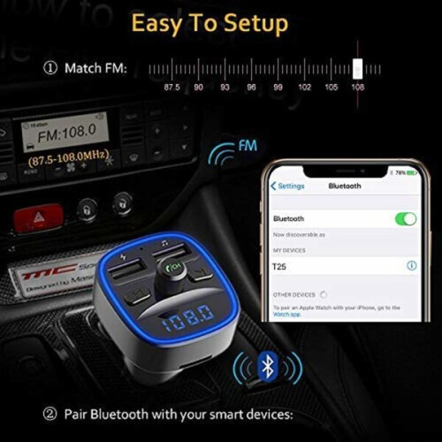 Bluetooth FM Transmitter for Car Compatible with iOS Android, Features Blue Ambient Light and LED Display