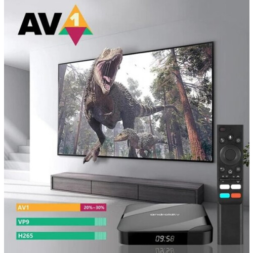 Smart TV Box compatibile con Android TV, 8K HDR, codec AV1, Quad-Core per streaming e giochi
