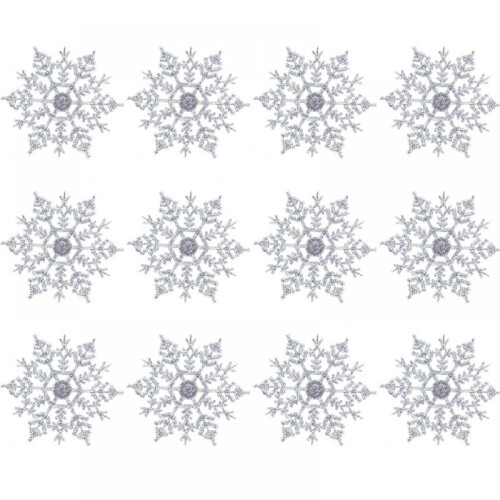 White Snowflake Ornaments Plastic Glitter 12 pcs