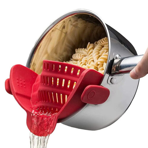 Silicone kitchen strainer clip-on for pots and pans red