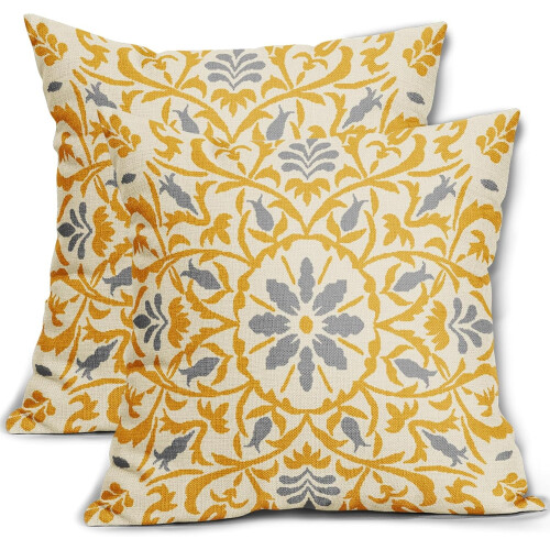 Conjunto de 2 capas de almofada boho em linho, 50x50cm, cinza e amarelo.