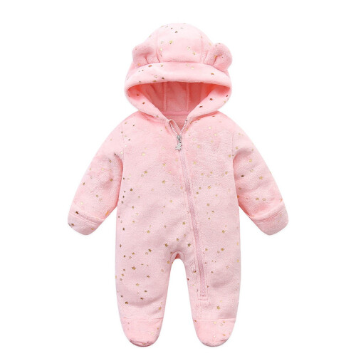Macacão de lã polar para bebê com capuz de urso, rosa, 9 a 12 meses.
