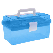 Caixa de armazenamento portátil azul com alça e bandeja removível.