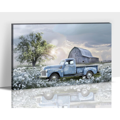 Tablou pe pânză cu camion albastru și design rustic, 30x45 cm