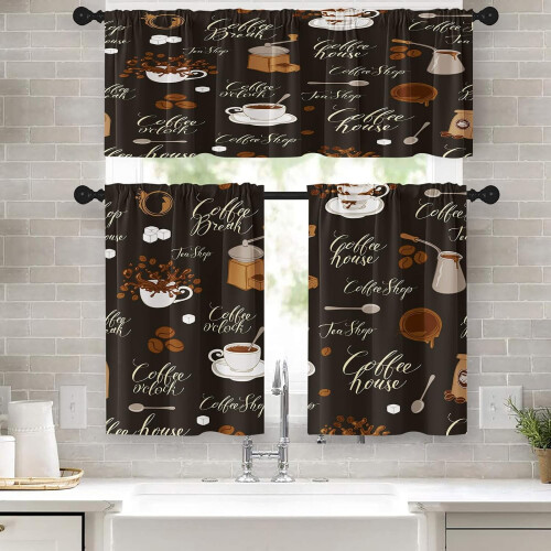 Coffee Kitchen Curtains Set Retro Brown Black 36 Inch Rod