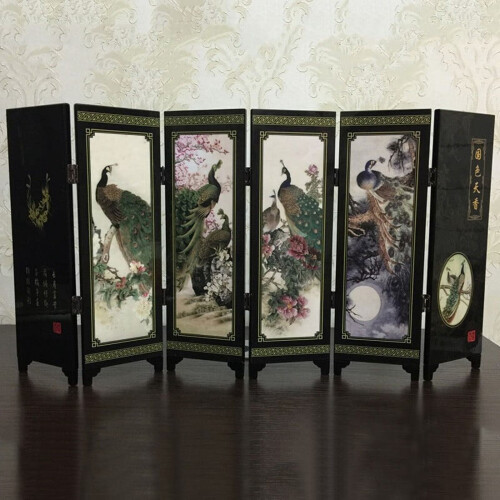 6-Panel Peacock Wood Room Divider Screen Set