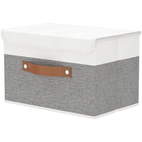 Cubo contenitore pieghevole con coperchio, in tessuto di lino