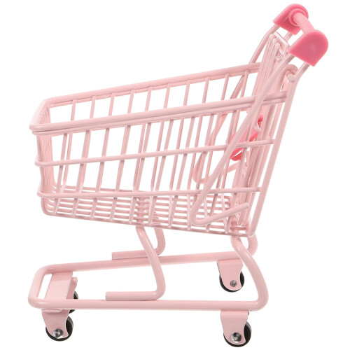 Carrinho de compras mini rosa com rodas, ferro, 15x13,5x9,5cm