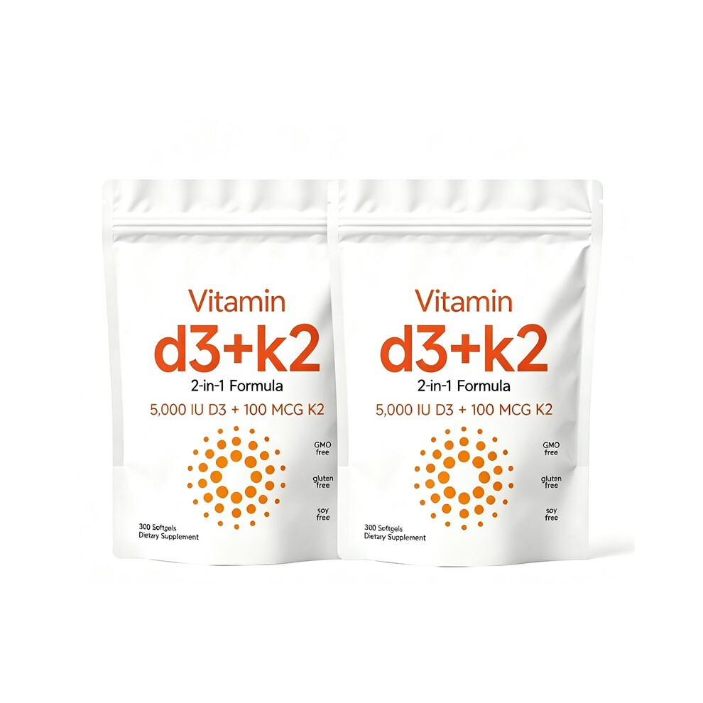(2PCS) Vitamin D3 + K2 (MK-7) 5000 IU + 100 mcg | 300 Softgels | 2-in-1 Bone & Immune Support Supplement | GMO-Free, Gluten-Free, Soy-Free