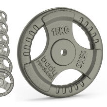 2 dischi da 15kg, ghisa, tri-grip, foro 25mm, per casa o palestra