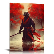 Japán szamuráj vászonkép vörös szilvavirággal 40x50 cm