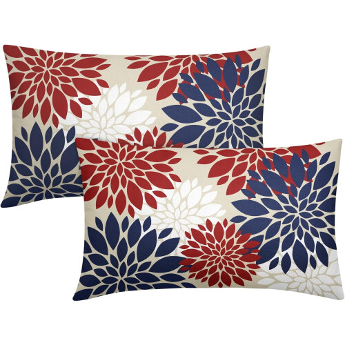 Fodere per cuscini con dalie blu, rosse e bianche, 30x50 cm, set da 2
