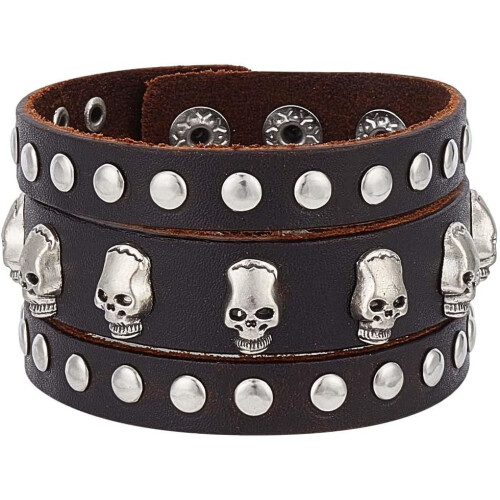 Βραχιόλι Punk Skull από Δέρμα Βακέτας με Ρυθμιζόμενη Μανσέτα