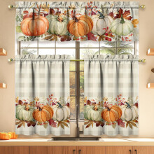 Cortinas de cocina de otoño, juego de 3 piezas con estampado de calabaza y hoja de arce.